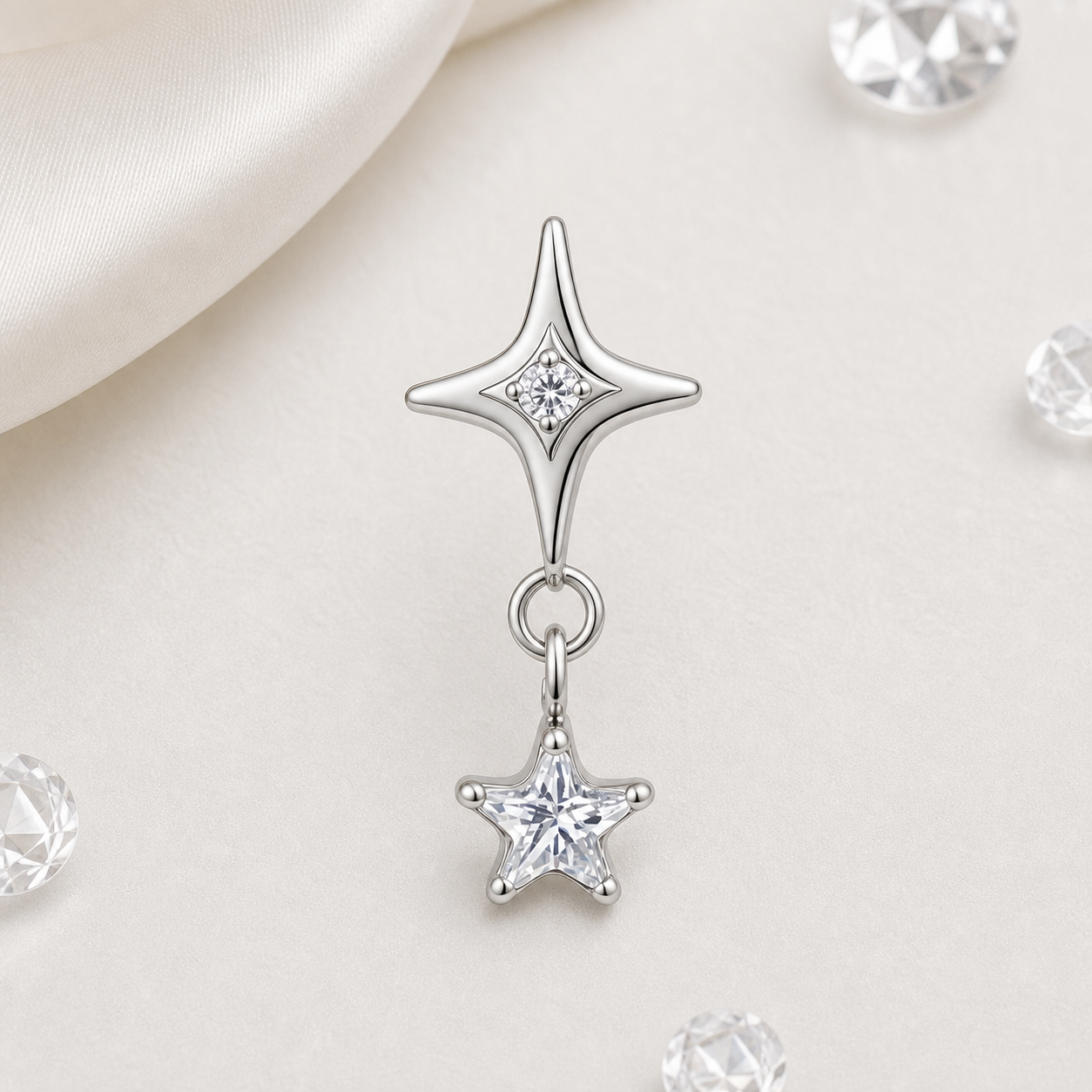 Clear CZ ASTM F136 Titanium Flat Back - Silver, Threadless, 16G, 1.2 x 6+4 mm — styled flat lay (P-FB-0095-S01)