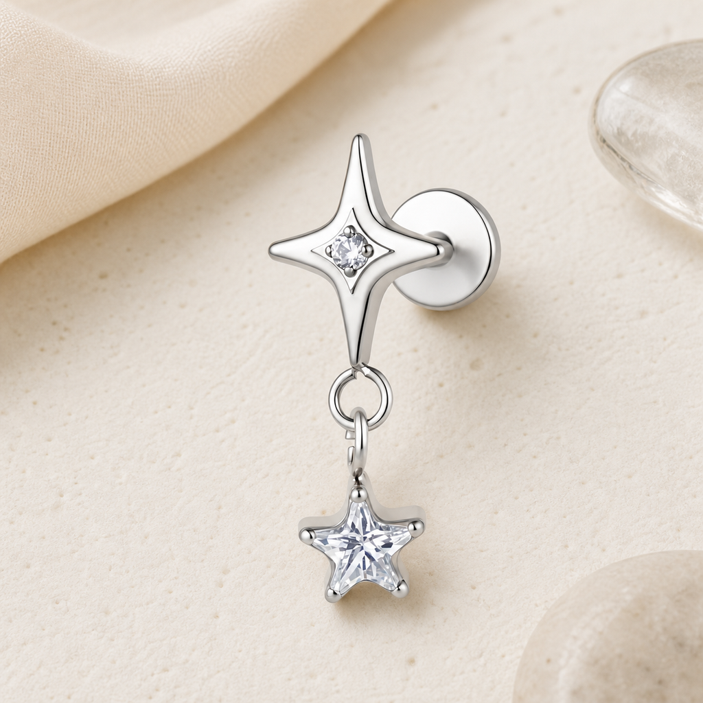 Clear CZ ASTM F136 Titanium Flat Back - Silver, Threadless, 16G, 1.2 x 6+4 mm — styled flat lay (P-FB-0095-S01)