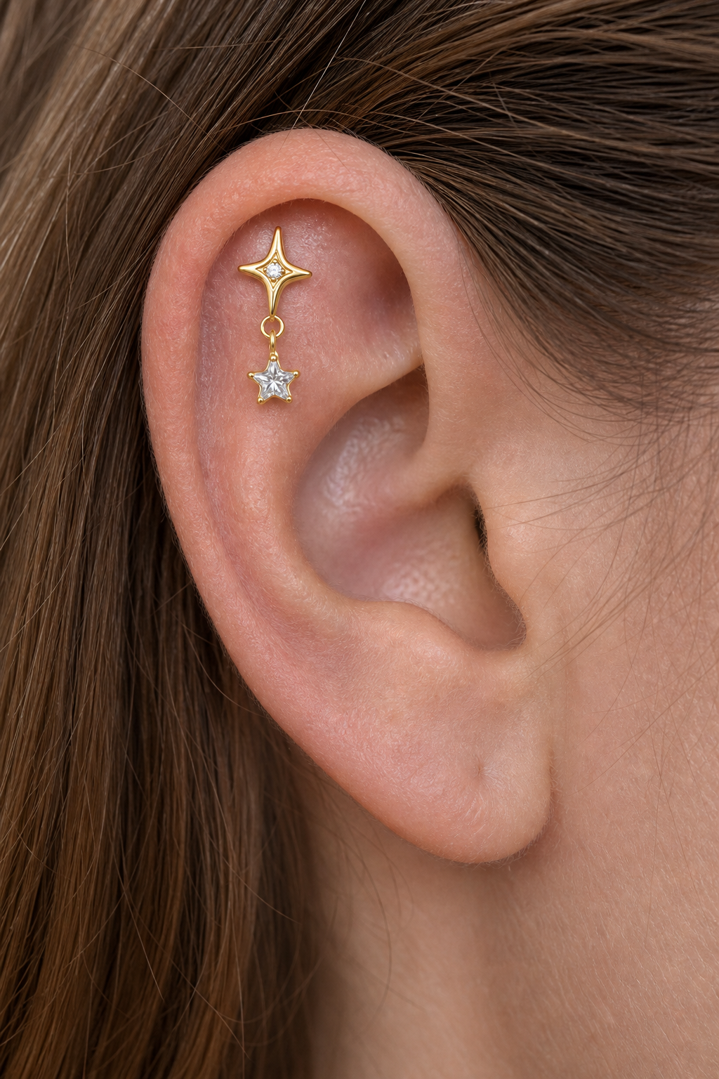 Clear CZ ASTM F136 Titanium Flat Back - Gold, Threadless, 16G, 1.2 x 6+4 mm — wearing view one (P-FB-0096-G01)