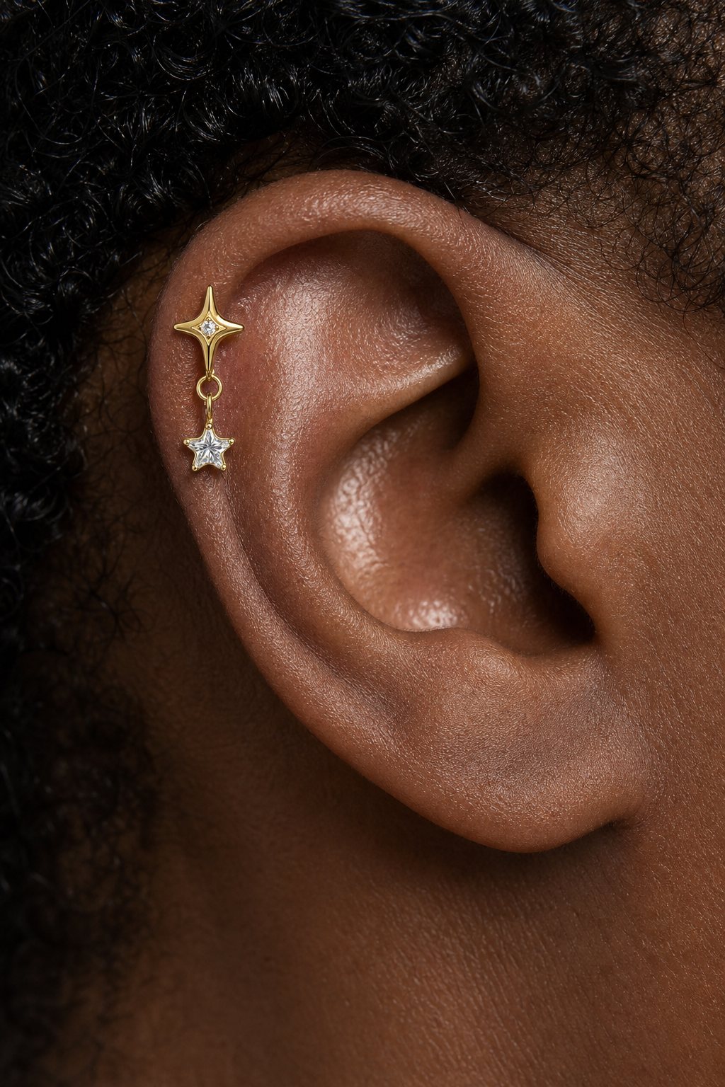 Clear CZ ASTM F136 Titanium Flat Back - Gold, Threadless, 16G, 1.2 x 6+4 mm — wearing view two (P-FB-0096-G01)