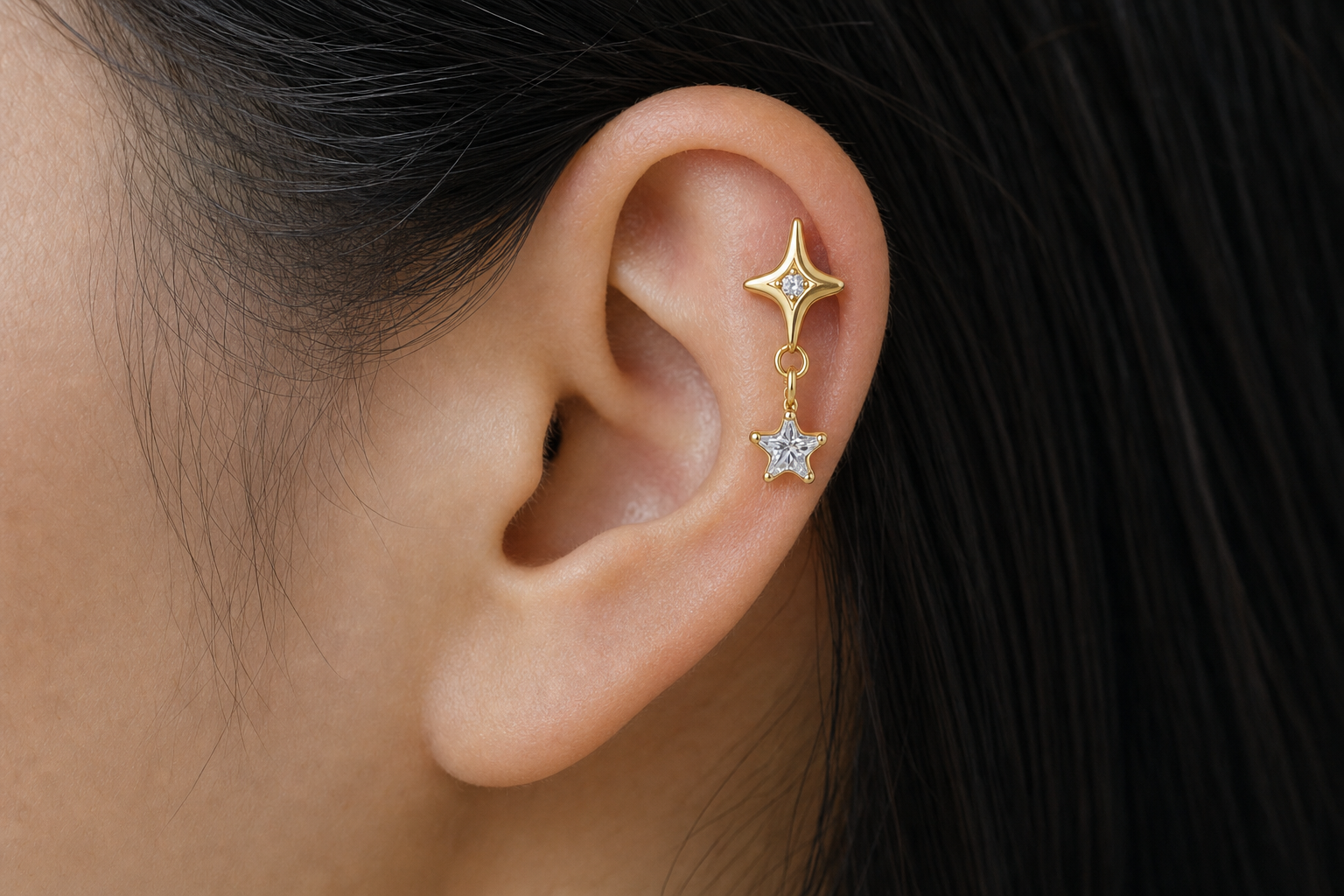 Clear CZ ASTM F136 Titanium Flat Back - Gold, Threadless, 16G, 1.2 x 6+4 mm — wearing view three (P-FB-0096-G01)