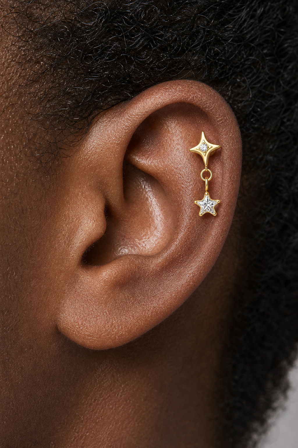 Clear CZ ASTM F136 Titanium Flat Back - Gold, Threadless, 16G, 1.2 x 6+4 mm — wearing view five (P-FB-0096-G01)