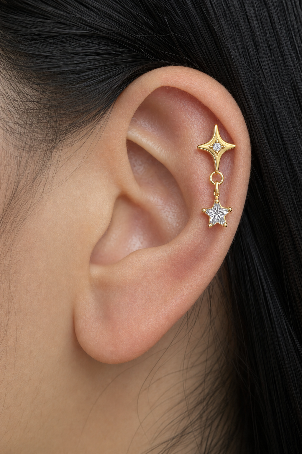 Clear CZ ASTM F136 Titanium Flat Back - Gold, Threadless, 16G, 1.2 x 6+4 mm — wearing view six (P-FB-0096-G01)