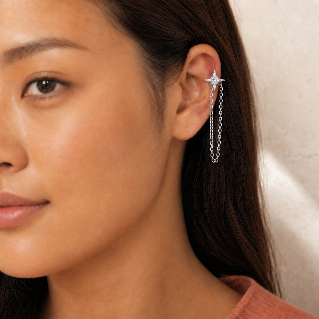 Clear CZ ASTM F136 Titanium Flat Back - Silver, Internally Threaded, 18G, 1.0 x 6+4 mm — wearing view four (P-FB-0097-S01)