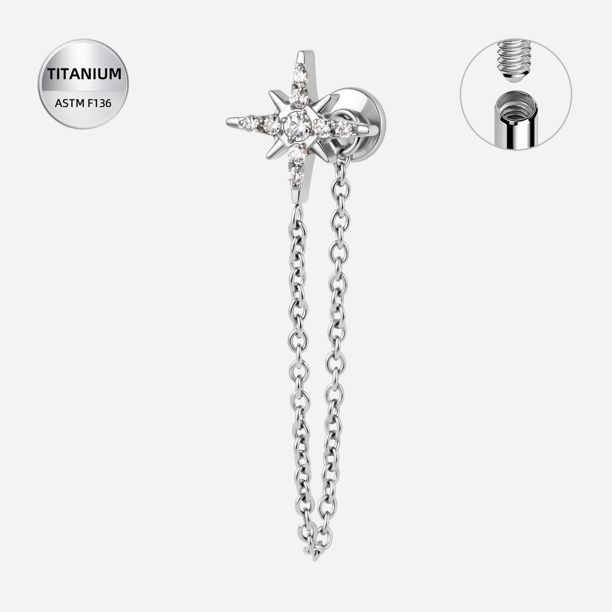 Clear CZ ASTM F136 Titanium Flat Back - Silver, Internally Threaded, 18G, 1.0 x 6+4 mm — product detail views (P-FB-0097-S01)