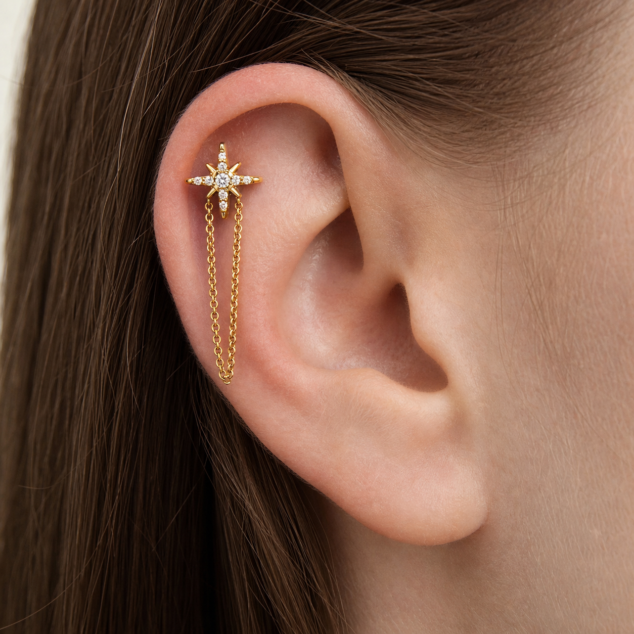 Clear CZ ASTM F136 Titanium Flat Back - Gold, Internally Threaded, 18G, 1.0 x 6+4 mm — wearing view one (P-FB-0098-G01)