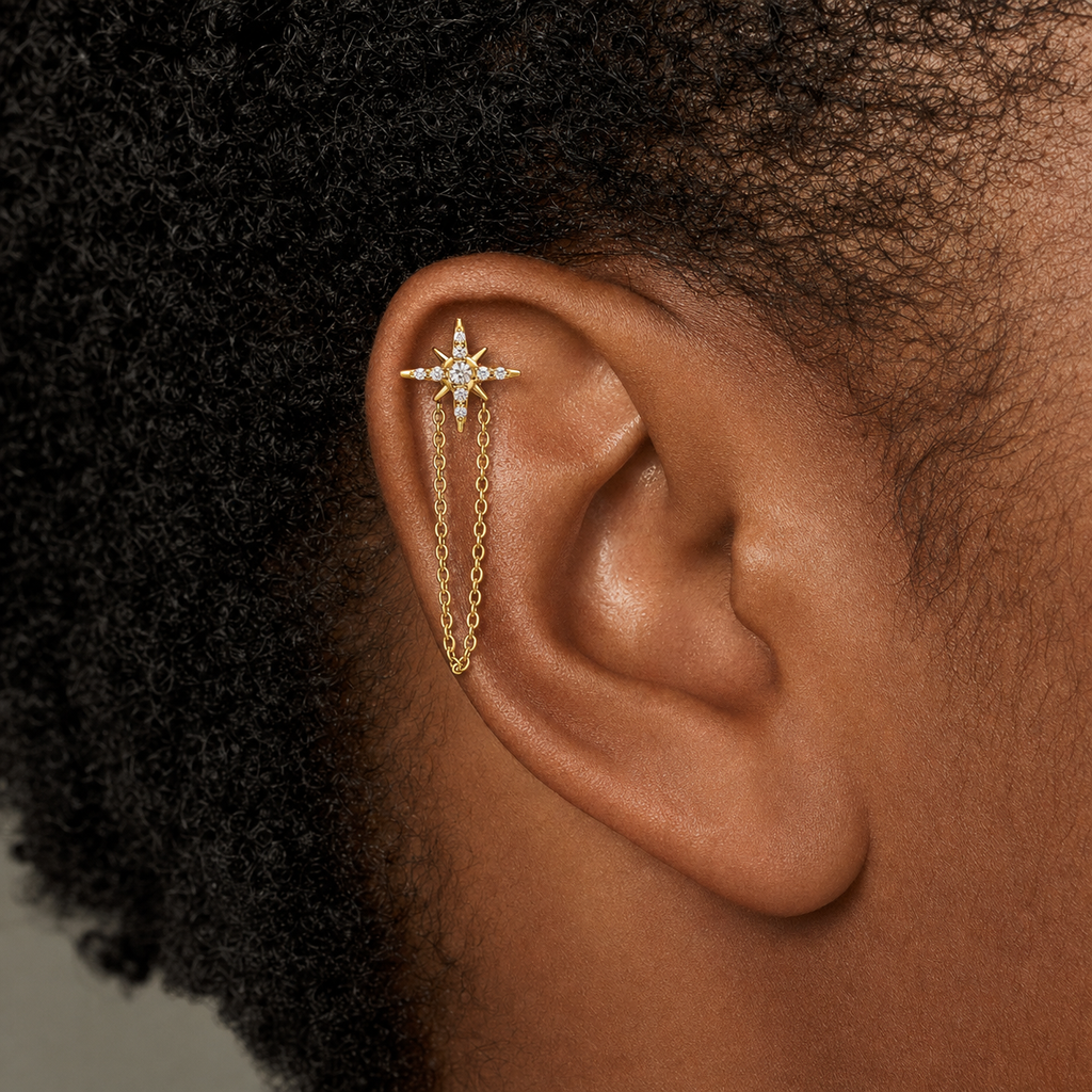 Clear CZ ASTM F136 Titanium Flat Back - Gold, Internally Threaded, 18G, 1.0 x 6+4 mm — wearing view two (P-FB-0098-G01)