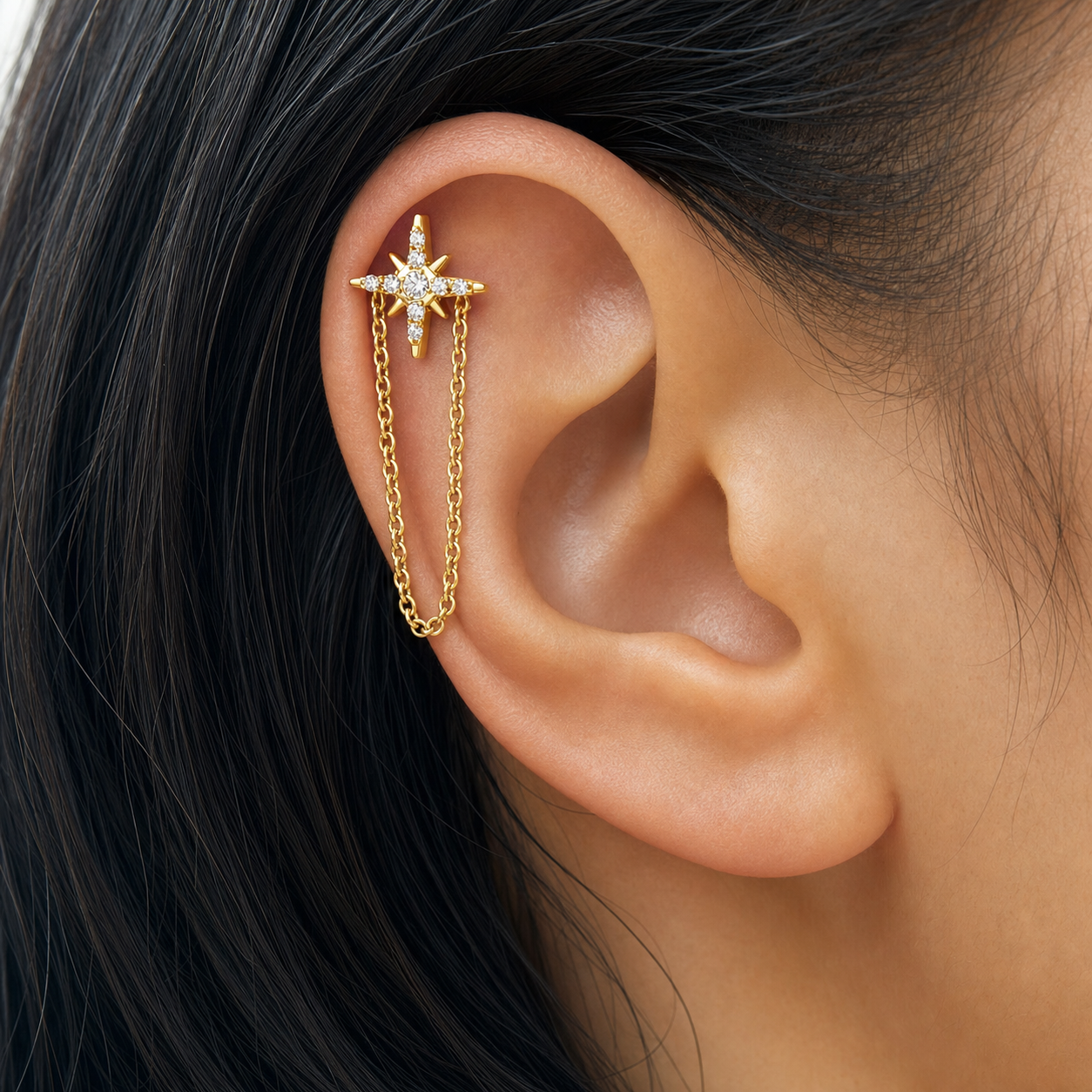 Clear CZ ASTM F136 Titanium Flat Back - Gold, Internally Threaded, 18G, 1.0 x 6+4 mm — wearing view three (P-FB-0098-G01)