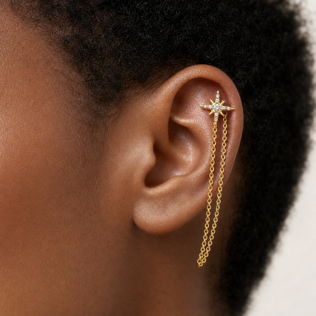 Clear CZ ASTM F136 Titanium Flat Back - Gold, Internally Threaded, 18G, 1.0 x 6+4 mm — wearing view five (P-FB-0098-G01)