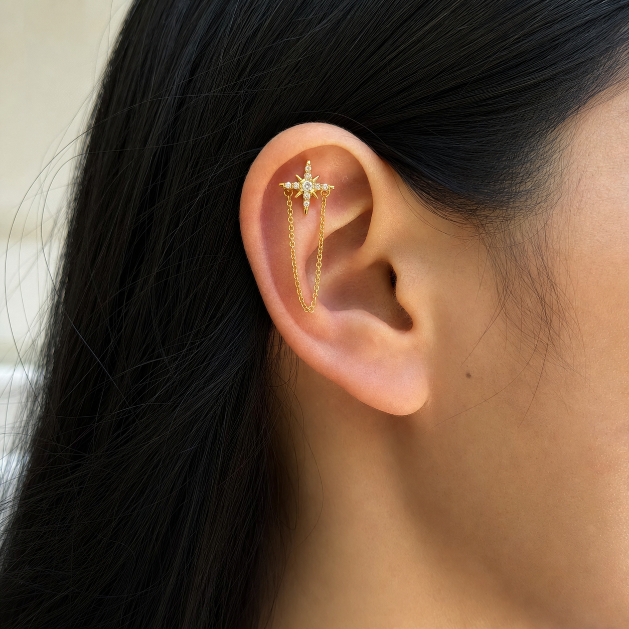Clear CZ ASTM F136 Titanium Flat Back - Gold, Internally Threaded, 18G, 1.0 x 6+4 mm — wearing view six (P-FB-0098-G01)