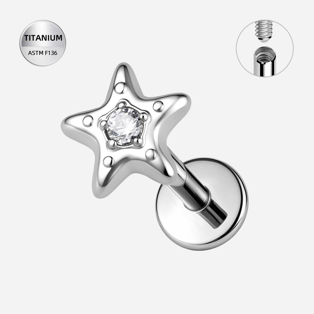 Clear CZ ASTM F136 Titanium Flat Back - Silver, Internally Threaded, 18G, 1.0 x 6+4 mm — product detail views (P-FB-0099-S01)