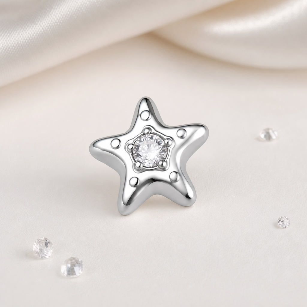 Clear CZ ASTM F136 Titanium Flat Back - Silver, Internally Threaded, 18G, 1.0 x 6+4 mm — styled flat lay (P-FB-0099-S01)