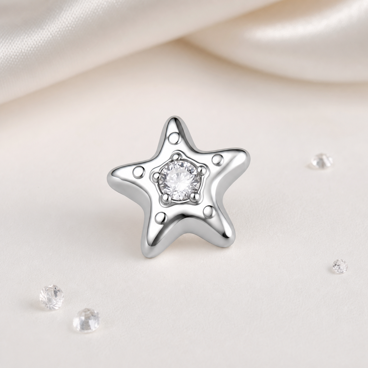 Clear CZ ASTM F136 Titanium Flat Back - Silver, Internally Threaded, 18G, 1.0 x 6+4 mm — styled flat lay (P-FB-0099-S01)