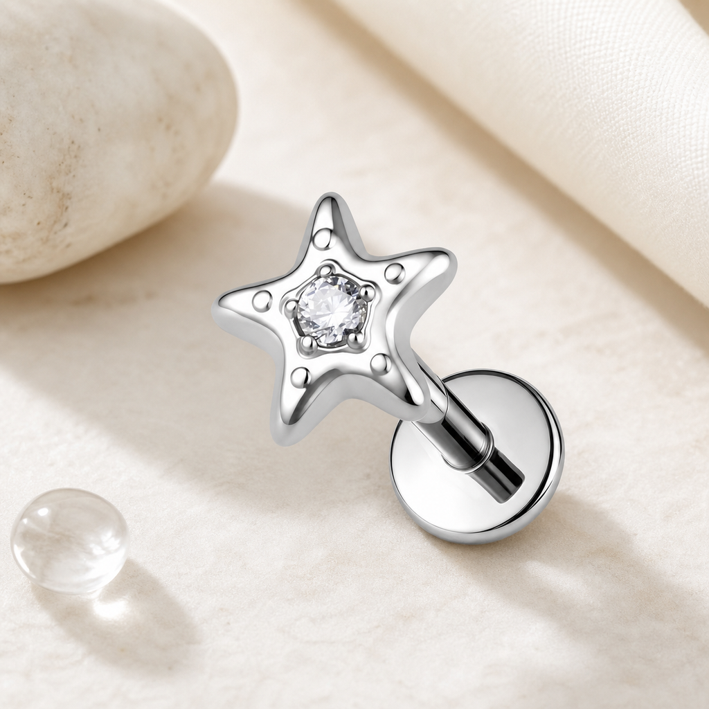 Clear CZ ASTM F136 Titanium Flat Back - Silver, Internally Threaded, 18G, 1.0 x 6+4 mm — styled flat lay (P-FB-0099-S01)