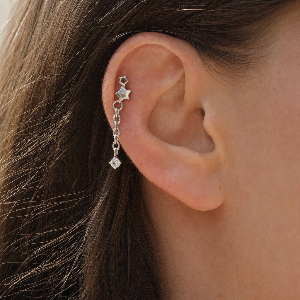 Clear CZ ASTM F136 Titanium Flat Back - Silver, Threadless, 16G, 1.2 x 6+4 mm — wearing view four (P-FB-0100-S01)