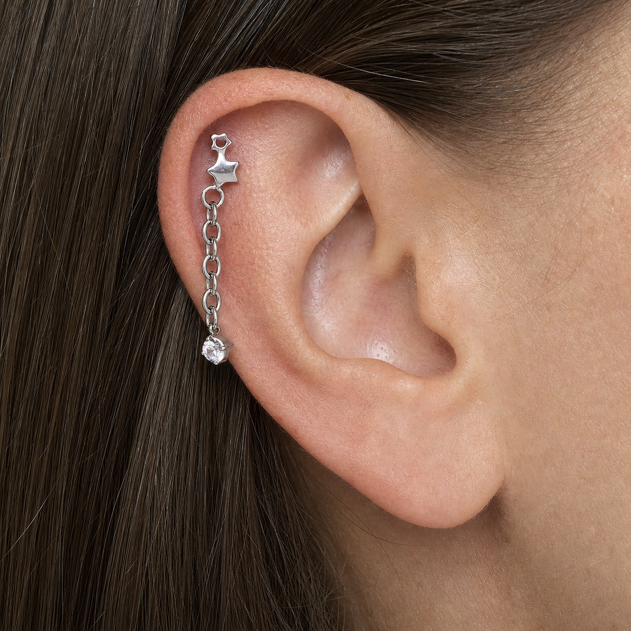 Clear CZ ASTM F136 Titanium Flat Back - Silver, Threadless, 16G, 1.2 x 6+4 mm — wearing view one (P-FB-0100-S01)