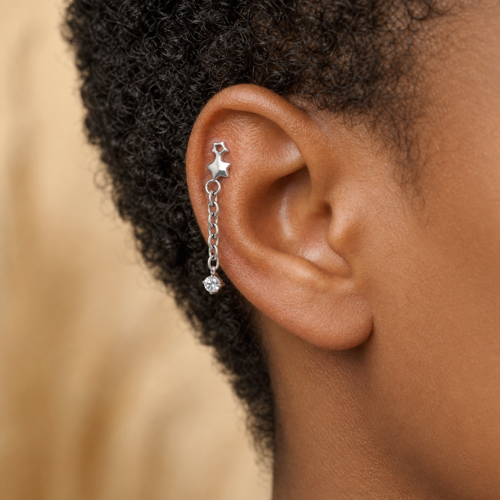 Clear CZ ASTM F136 Titanium Flat Back - Silver, Threadless, 16G, 1.2 x 6+4 mm — wearing view two (P-FB-0100-S01)