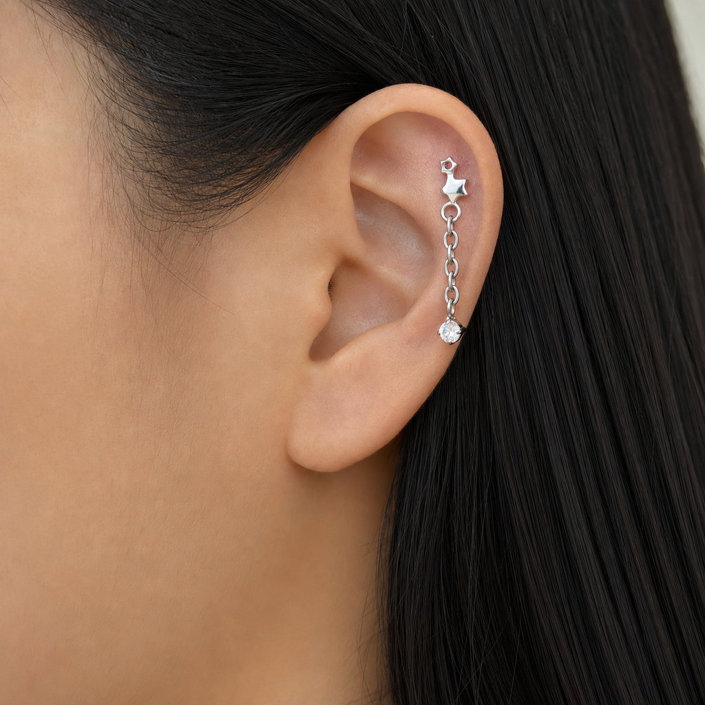 Clear CZ ASTM F136 Titanium Flat Back - Silver, Threadless, 16G, 1.2 x 6+4 mm — wearing view three (P-FB-0100-S01)