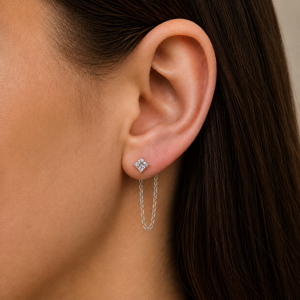 Clear CZ ASTM F136 Titanium Flat Back - Silver, Threadless, 18G, 1.0 x 6+4 mm — wearing view two (P-FB-0101-S01)