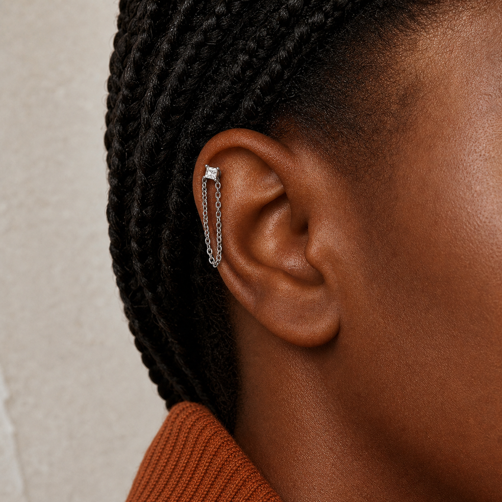 Clear CZ ASTM F136 Titanium Flat Back - Silver, Threadless, 18G, 1.0 x 6+4 mm — wearing view two (P-FB-0101-S01)