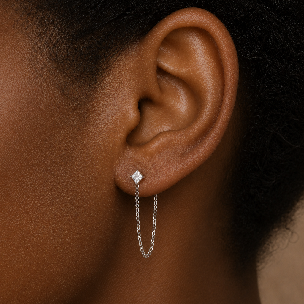Clear CZ ASTM F136 Titanium Flat Back - Silver, Threadless, 18G, 1.0 x 6+4 mm — wearing view three (P-FB-0101-S01)