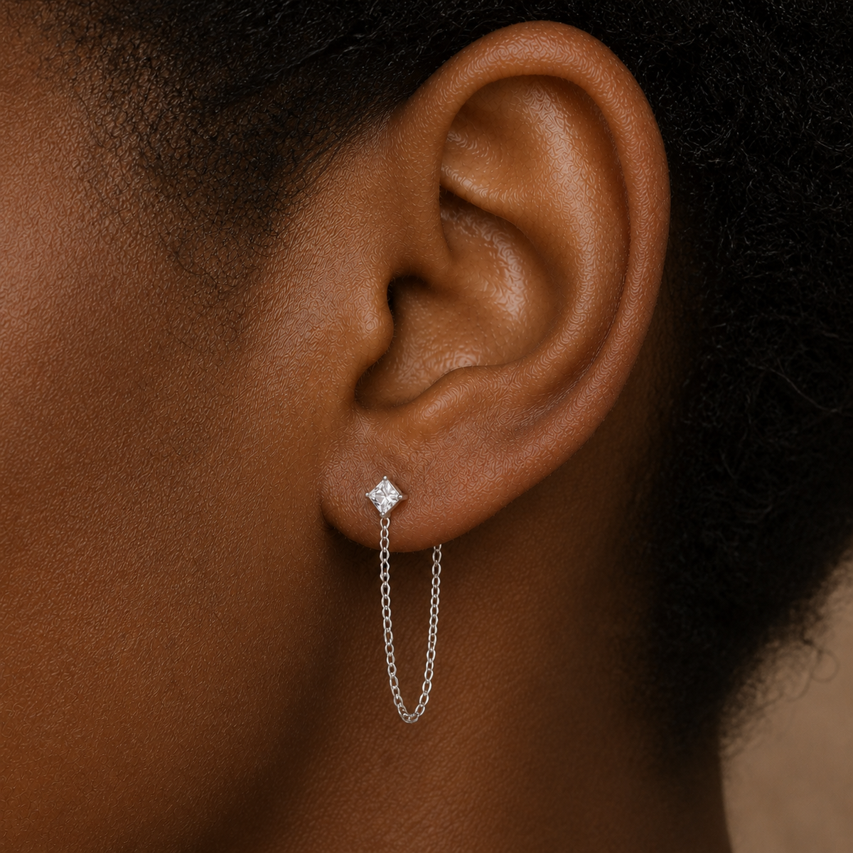 Clear CZ ASTM F136 Titanium Flat Back - Silver, Threadless, 18G, 1.0 x 6+4 mm — wearing view three (P-FB-0101-S01)