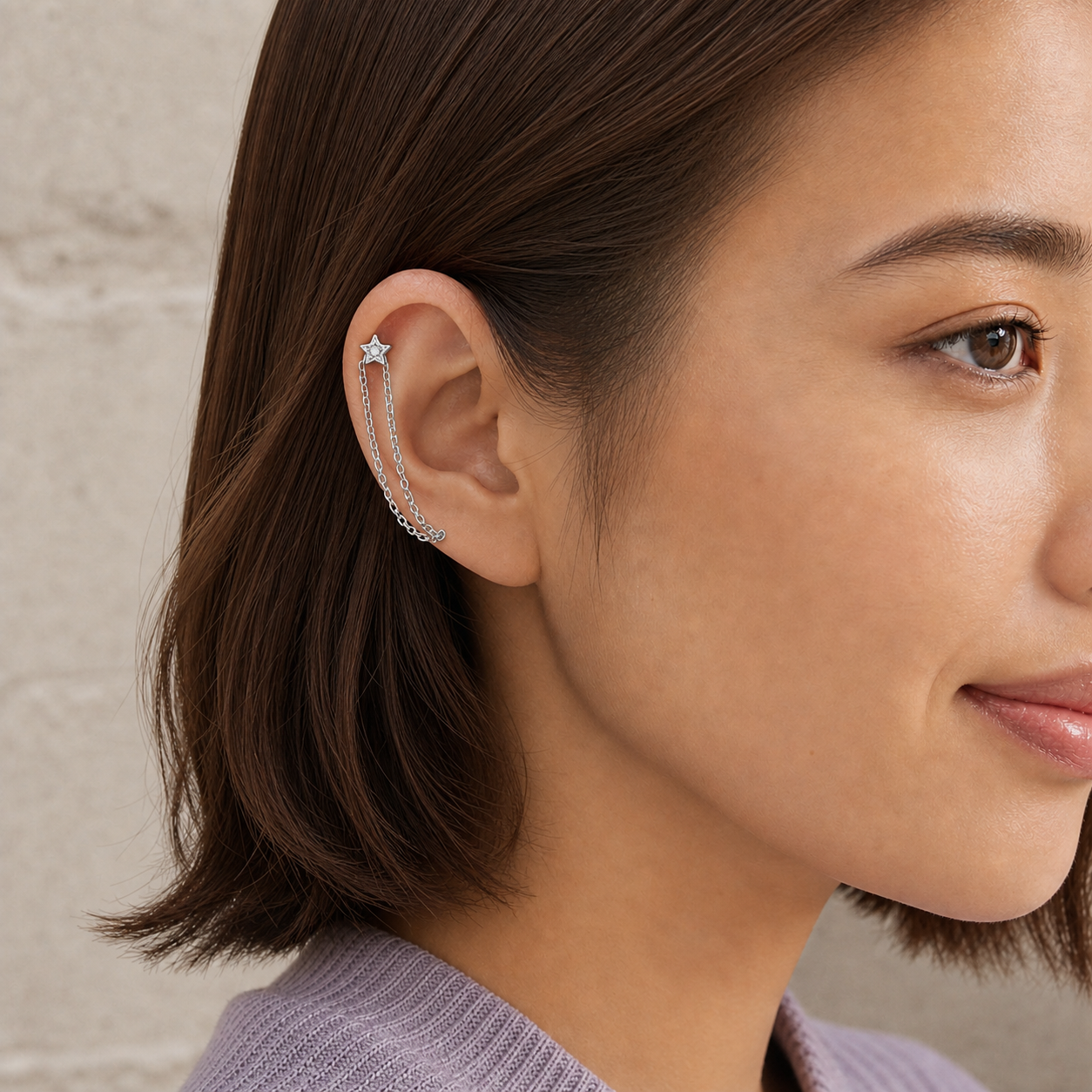 Clear CZ ASTM F136 Titanium Flat Back - Silver, Threadless, 18G, 1.0 x 6+4 mm — wearing view three (P-FB-0101-S01)