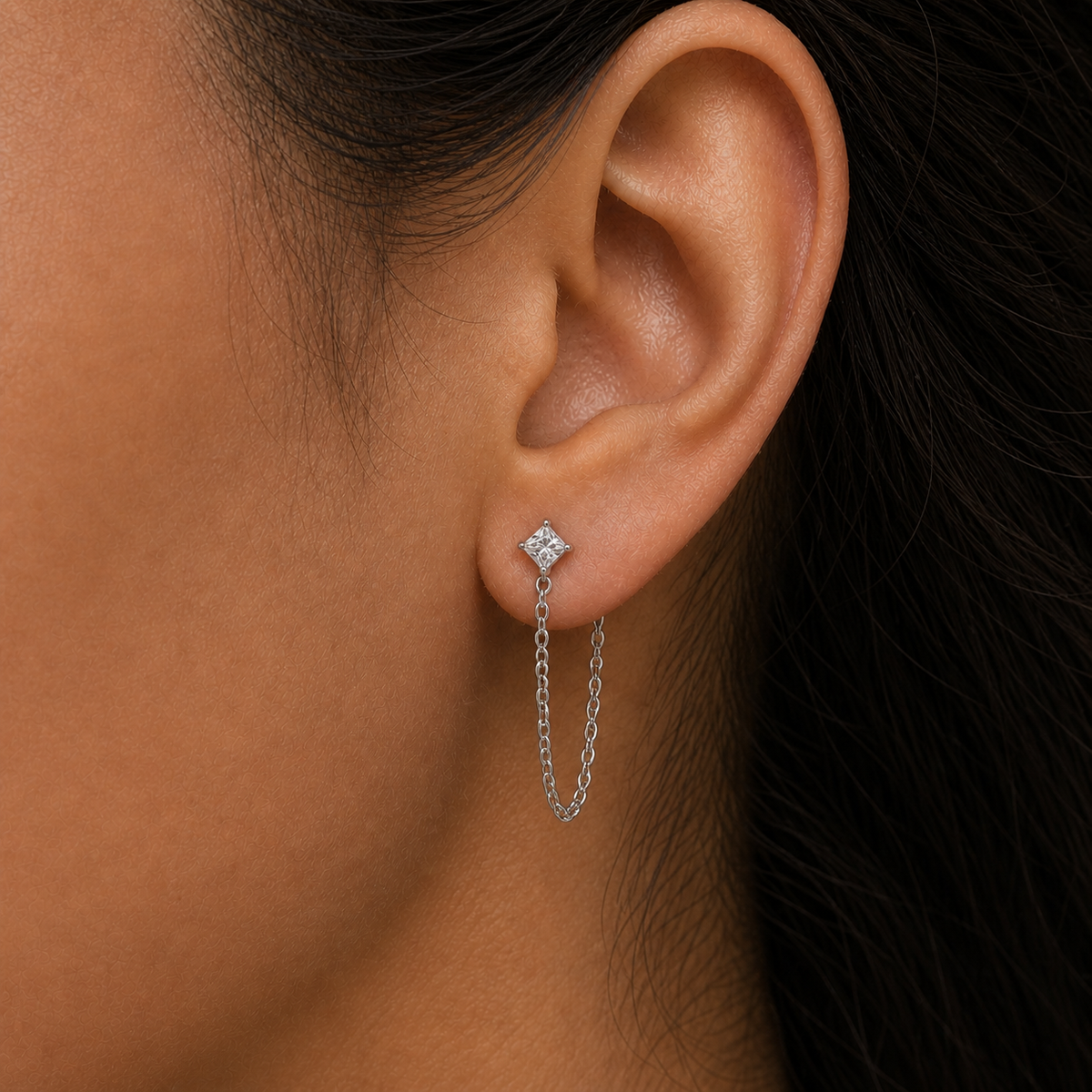 Clear CZ ASTM F136 Titanium Flat Back - Silver, Threadless, 18G, 1.0 x 6+4 mm — wearing view four (P-FB-0101-S01)