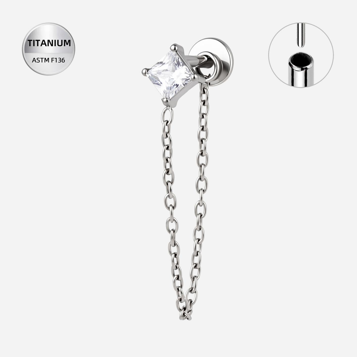 Clear CZ ASTM F136 Titanium Flat Back - Silver, Threadless, 18G, 1.0 x 6+4 mm — product detail views (P-FB-0101-S01)