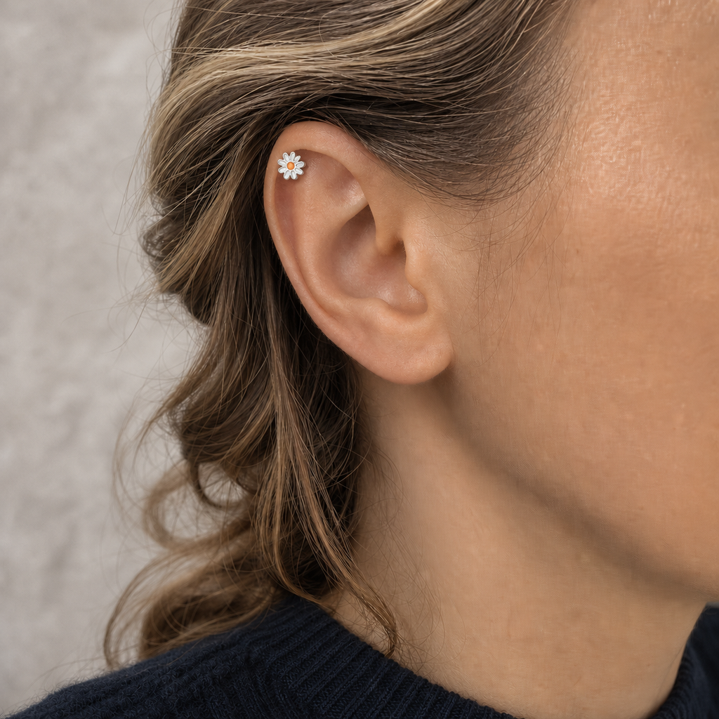 ASTM F136 Titanium Flat Back - Silver, Threadless, 20G, 0.8 x 6+4.3+4 mm — wearing view one (P-FB-0102-S01)