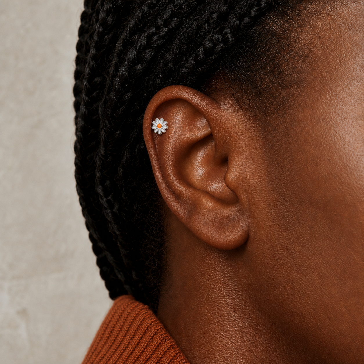 ASTM F136 Titanium Flat Back - Silver, Threadless, 20G, 0.8 x 6+4.3+4 mm — wearing view two (P-FB-0102-S01)