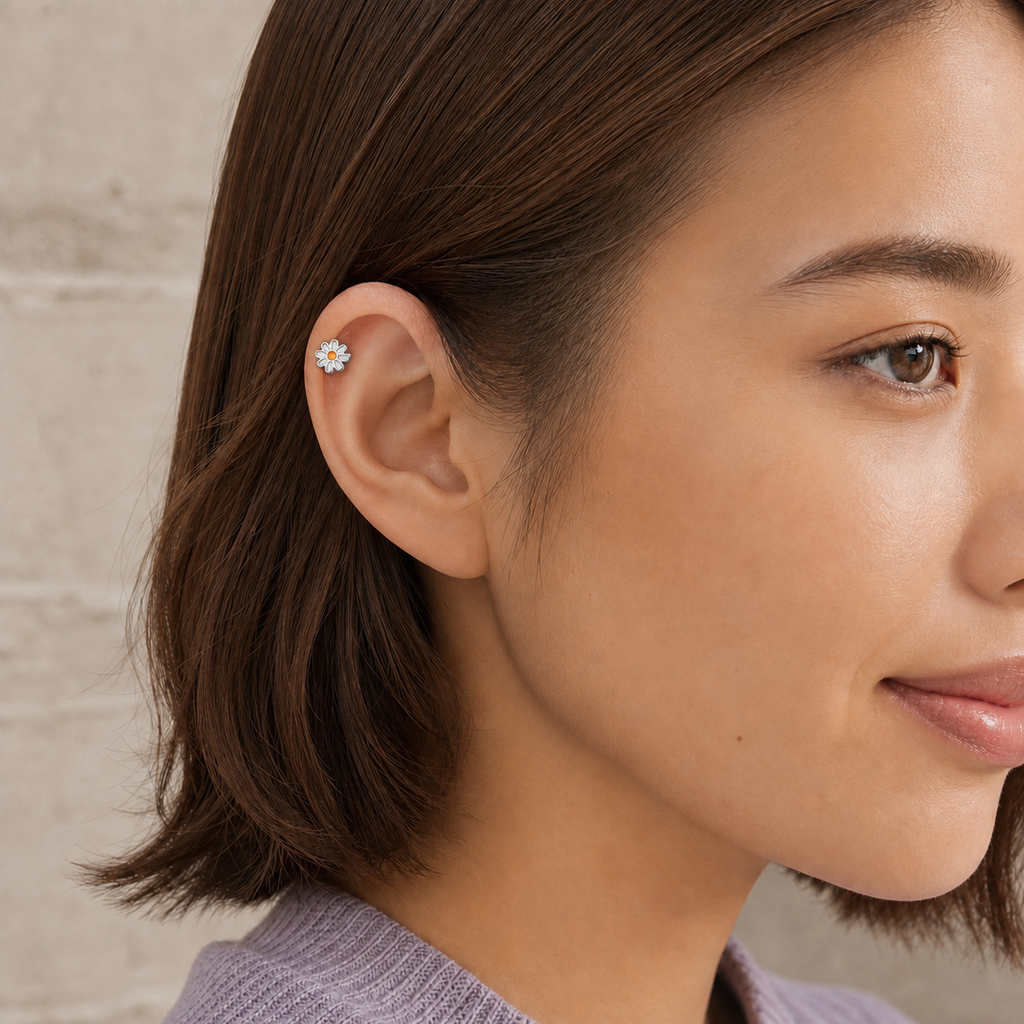ASTM F136 Titanium Flat Back - Silver, Threadless, 20G, 0.8 x 6+4.3+4 mm — wearing view three (P-FB-0102-S01)