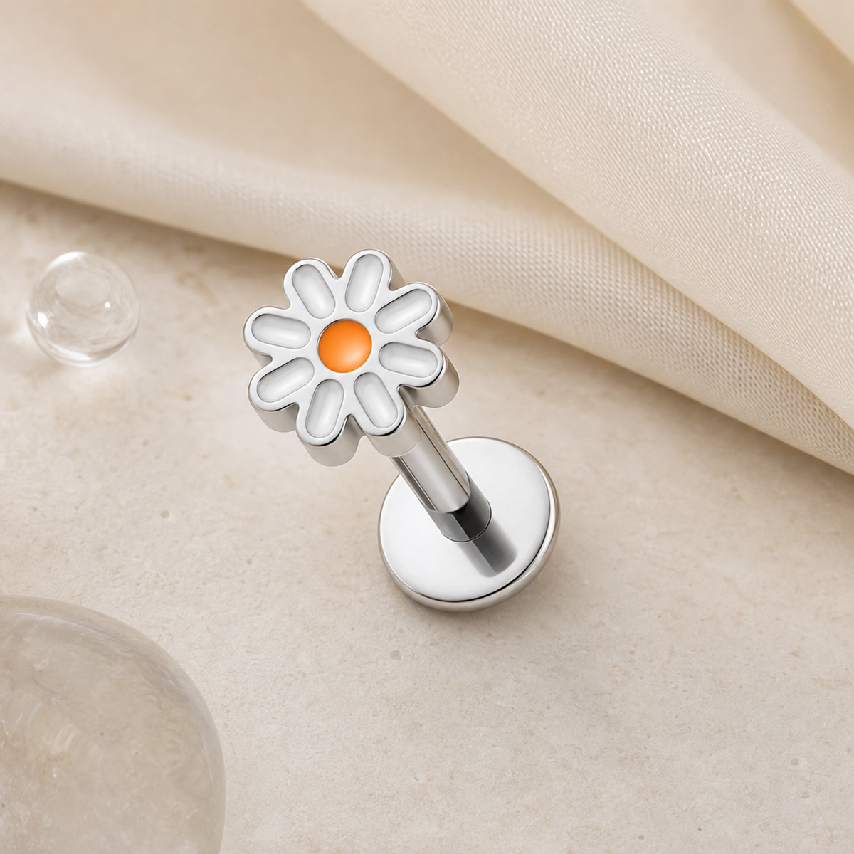 ASTM F136 Titanium Flat Back - Silver, Threadless, 20G, 0.8 x 6+4.3+4 mm — styled flat lay (P-FB-0102-S01)