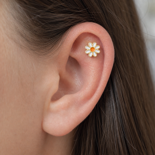 ASTM F136 Titanium Flat Back - Gold, Threadless, 20G, 0.8 x 6+4.3+4 mm — wearing view one (P-FB-0103-G01)