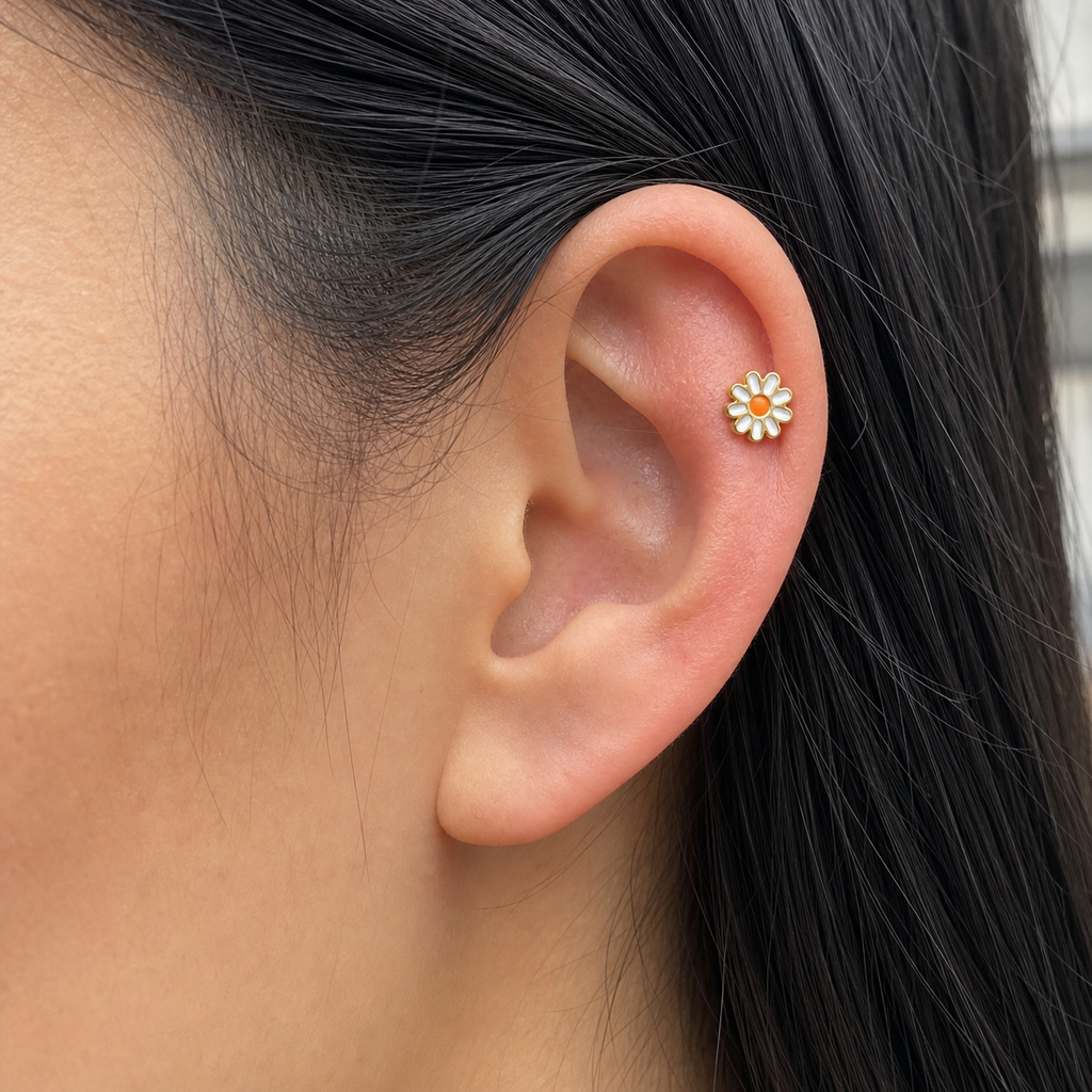 ASTM F136 Titanium Flat Back - Gold, Threadless, 20G, 0.8 x 6+4.3+4 mm — wearing view six (P-FB-0103-G01)