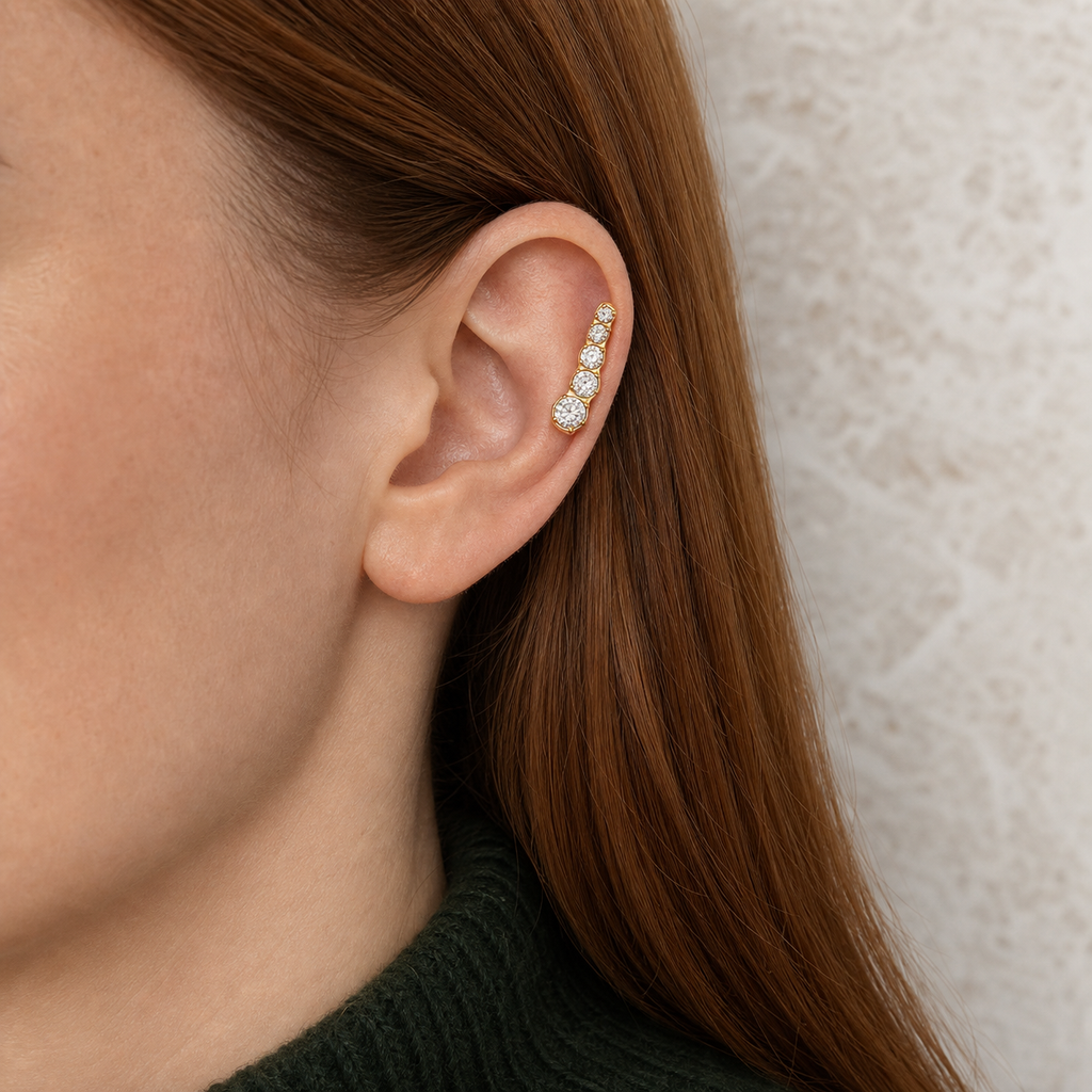 Clear CZ ASTM F136 Titanium Flat Back - Gold, Threadless, 16G, 1.2 x 6+4 mm — wearing view one (P-FB-0104-G01)