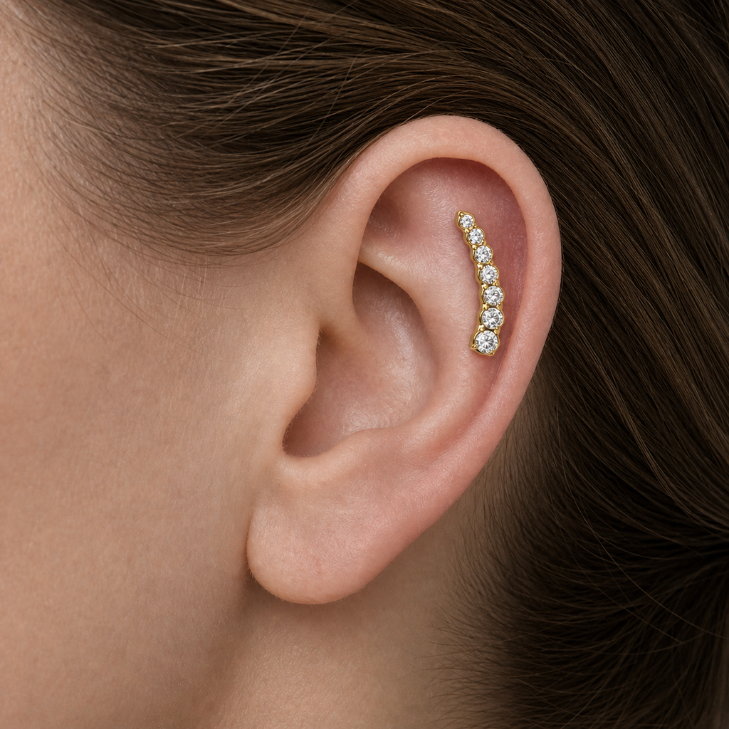 Clear CZ ASTM F136 Titanium Flat Back - Gold, Threadless, 16G, 1.2 x 6+4 mm — wearing view on light skin (P-FB-0104-G01)