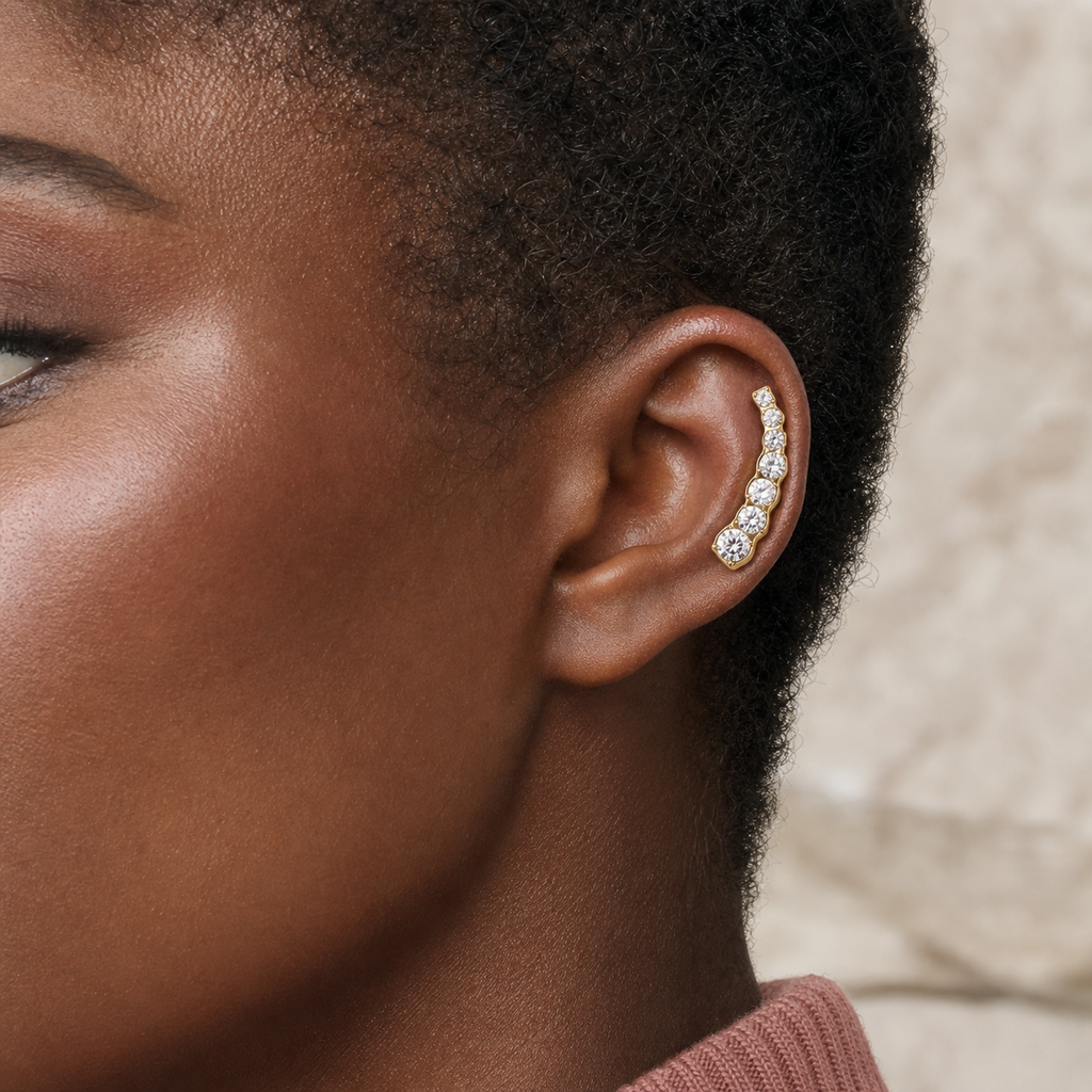 Clear CZ ASTM F136 Titanium Flat Back - Gold, Threadless, 16G, 1.2 x 6+4 mm — wearing view two (P-FB-0104-G01)