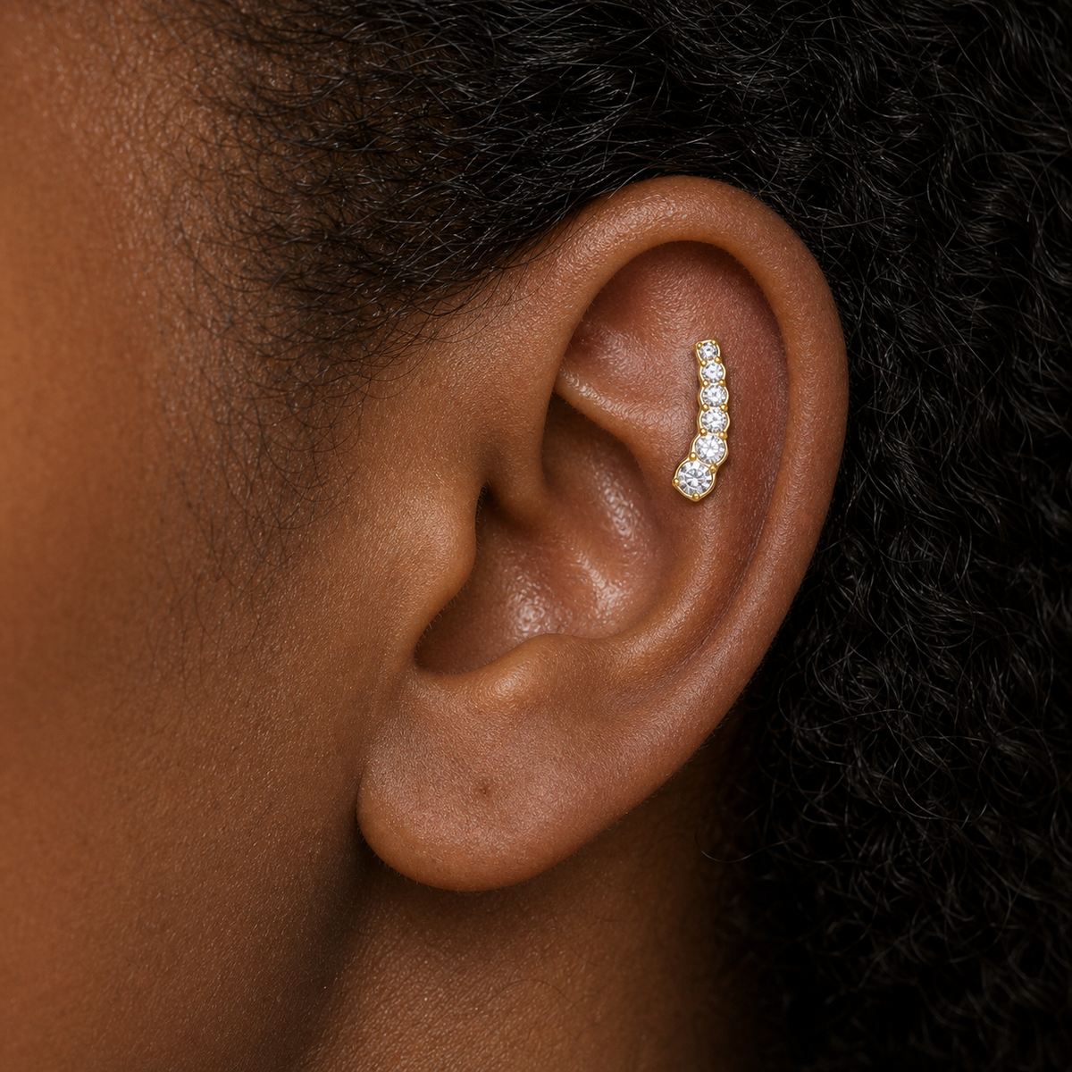 Clear CZ ASTM F136 Titanium Flat Back - Gold, Threadless, 16G, 1.2 x 6+4 mm — wearing view three (P-FB-0104-G01)