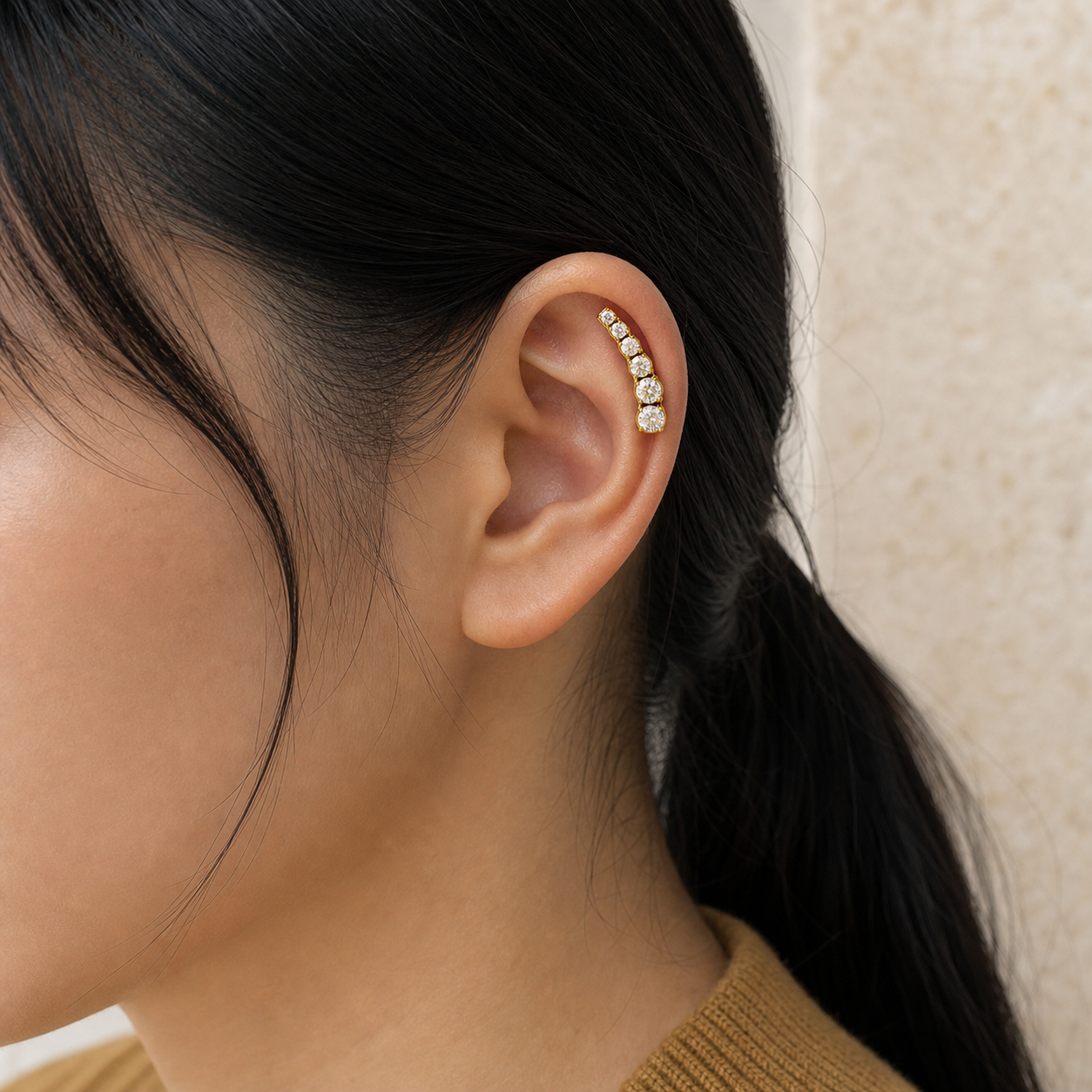 Clear CZ ASTM F136 Titanium Flat Back - Gold, Threadless, 16G, 1.2 x 6+4 mm — wearing view three (P-FB-0104-G01)