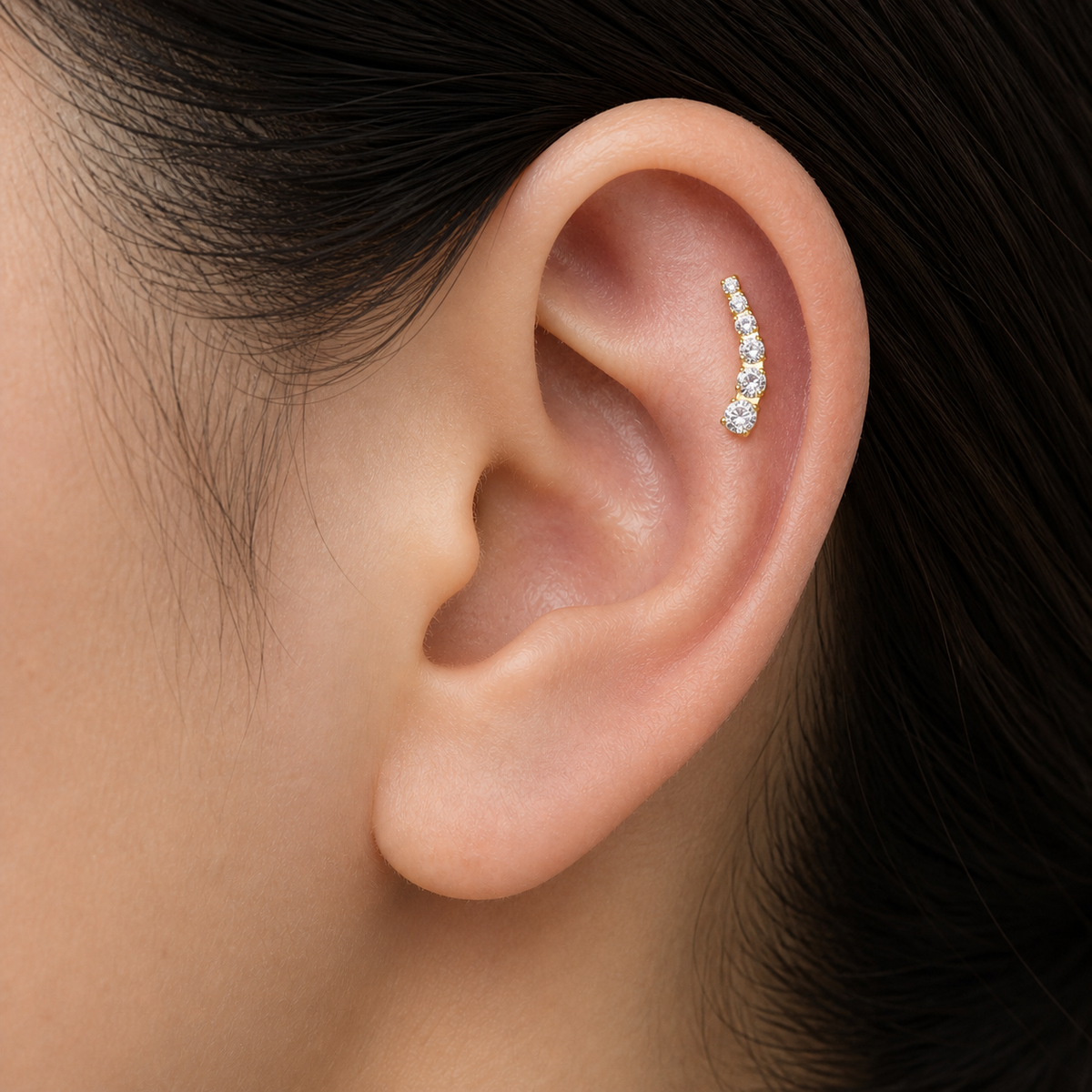 Clear CZ ASTM F136 Titanium Flat Back - Gold, Threadless, 16G, 1.2 x 6+4 mm — wearing view four (P-FB-0104-G01)