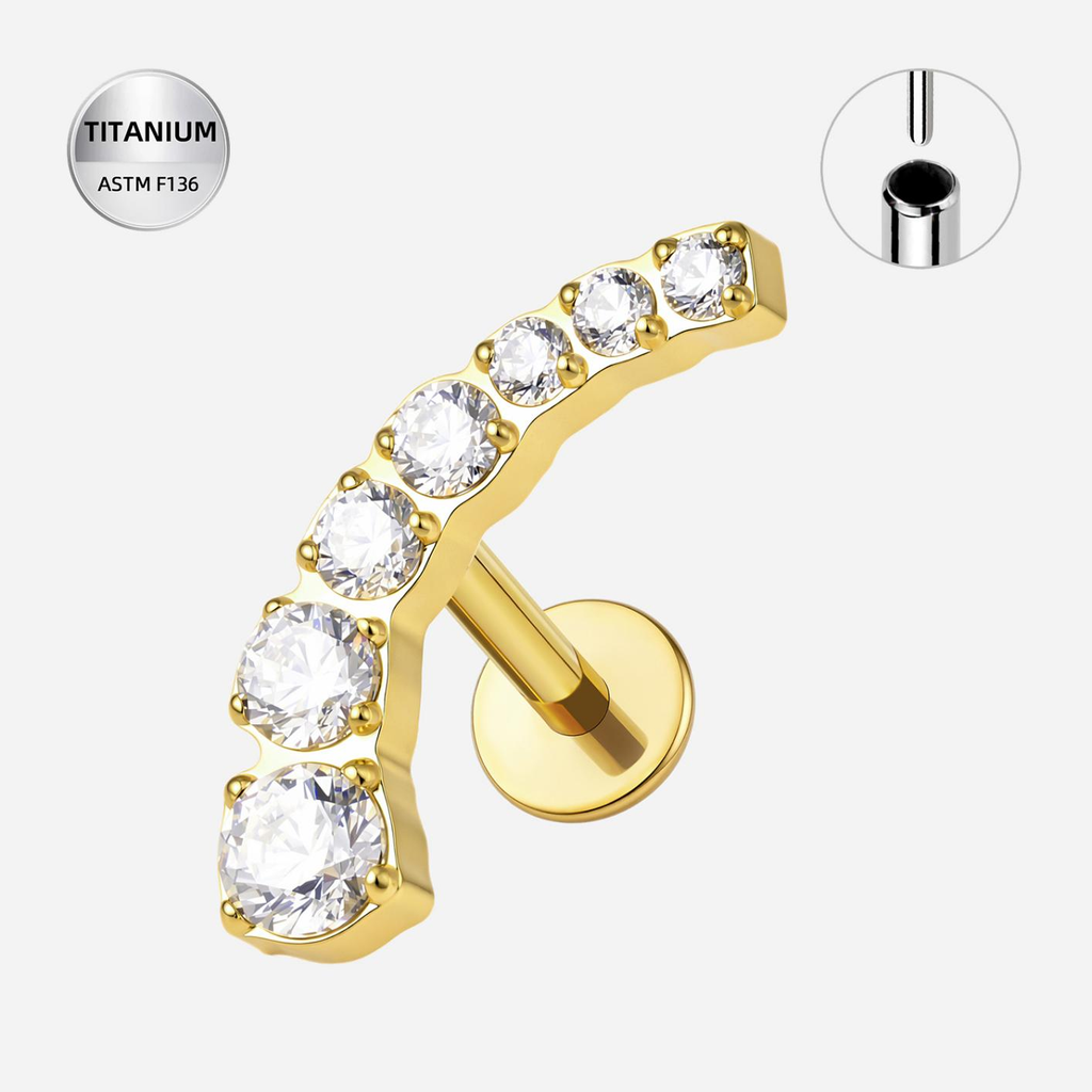 Clear CZ ASTM F136 Titanium Flat Back - Gold, Threadless, 16G, 1.2 x 6+4 mm — product detail views (P-FB-0104-G01)
