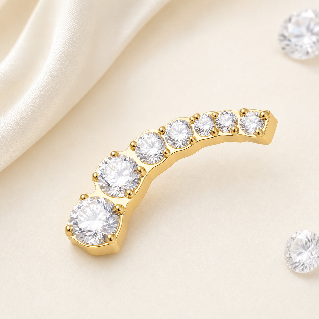 Clear CZ ASTM F136 Titanium Flat Back - Gold, Threadless, 16G, 1.2 x 6+4 mm — styled flat lay (P-FB-0104-G01)