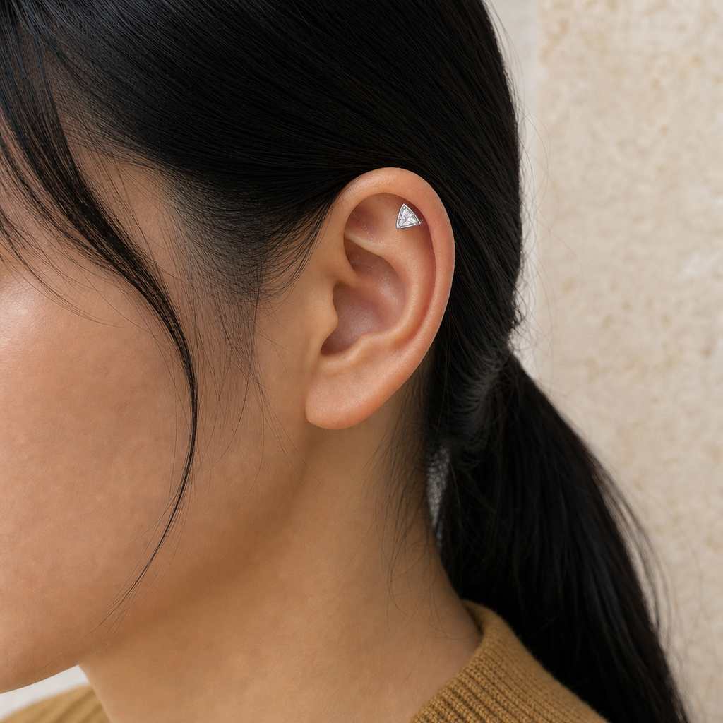 Clear CZ ASTM F136 Titanium Flat Back - Silver, Threadless, 16G, 1.2 x 8+4 mm — wearing view four (P-FB-0105-S01)