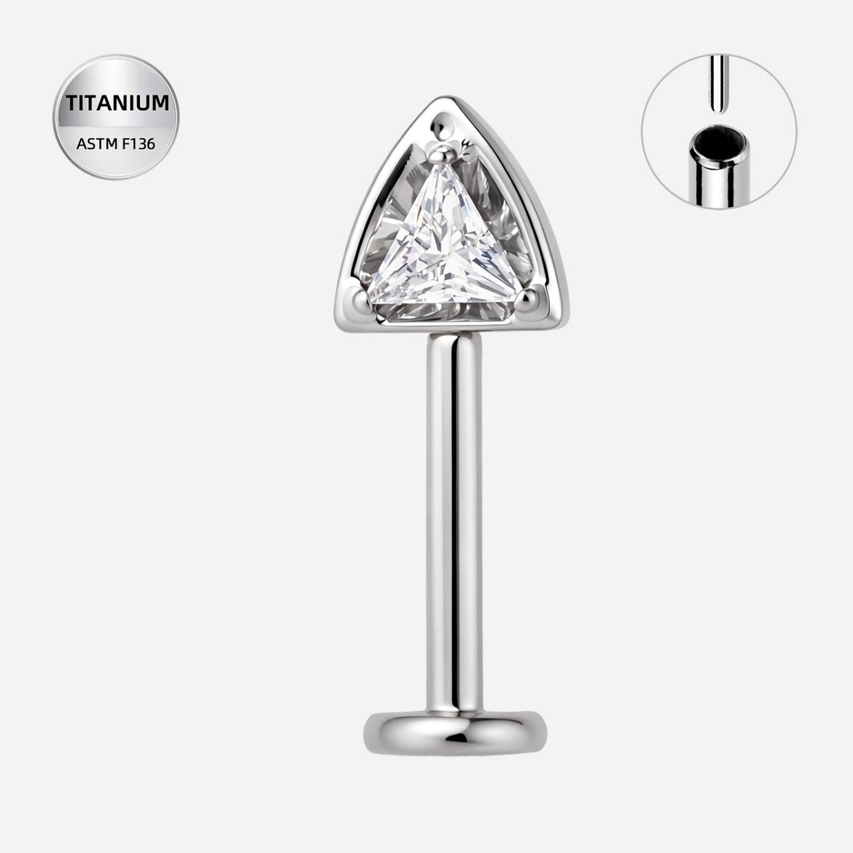 Clear CZ ASTM F136 Titanium Flat Back - Silver, Threadless, 16G, 1.2 x 8+4 mm — product detail views (P-FB-0105-S01)