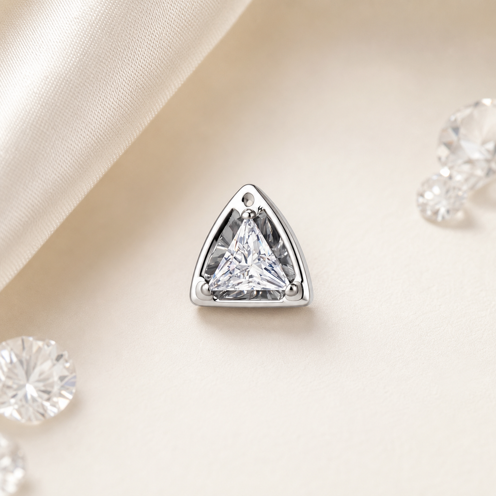 Clear CZ ASTM F136 Titanium Flat Back - Silver, Threadless, 16G, 1.2 x 8+4 mm — styled flat lay (P-FB-0105-S01)