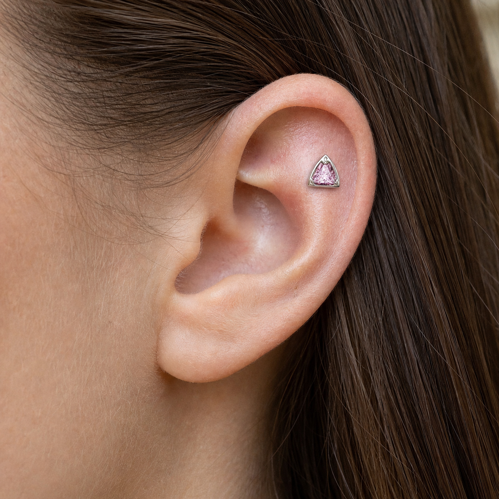 Pink CZ ASTM F136 Titanium Flat Back - Silver, Threadless, 16G, 1.2 x 8+4 mm — wearing view four (P-FB-0106-S01)