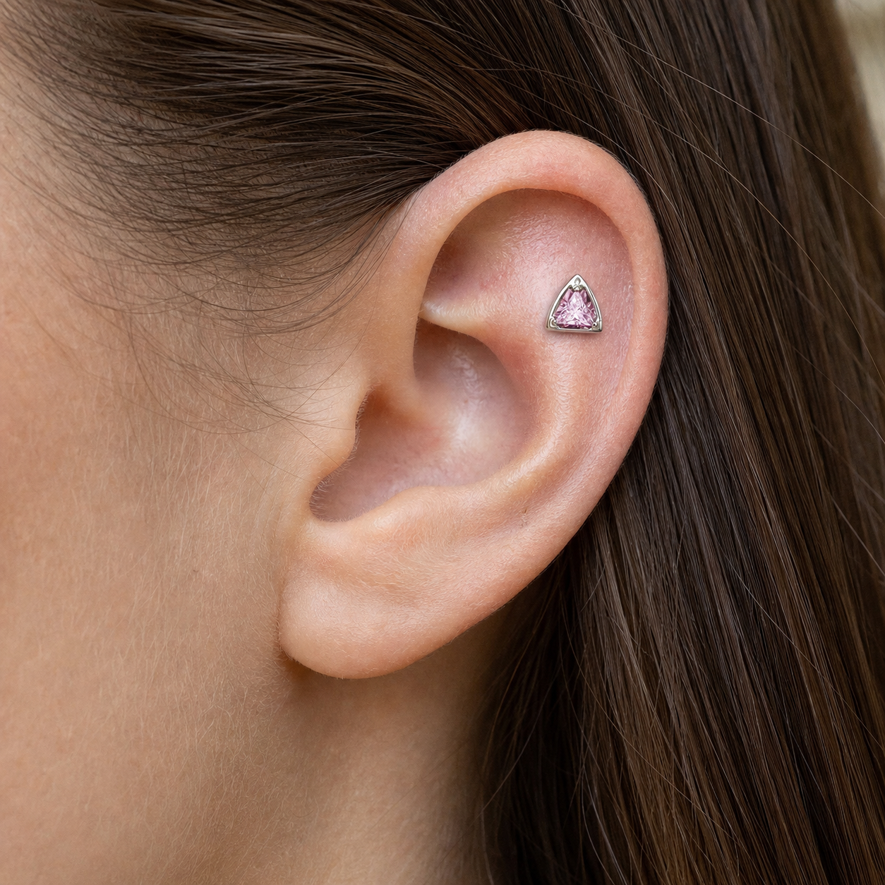 Pink CZ ASTM F136 Titanium Flat Back - Silver, Threadless, 16G, 1.2 x 8+4 mm — wearing view four (P-FB-0106-S01)