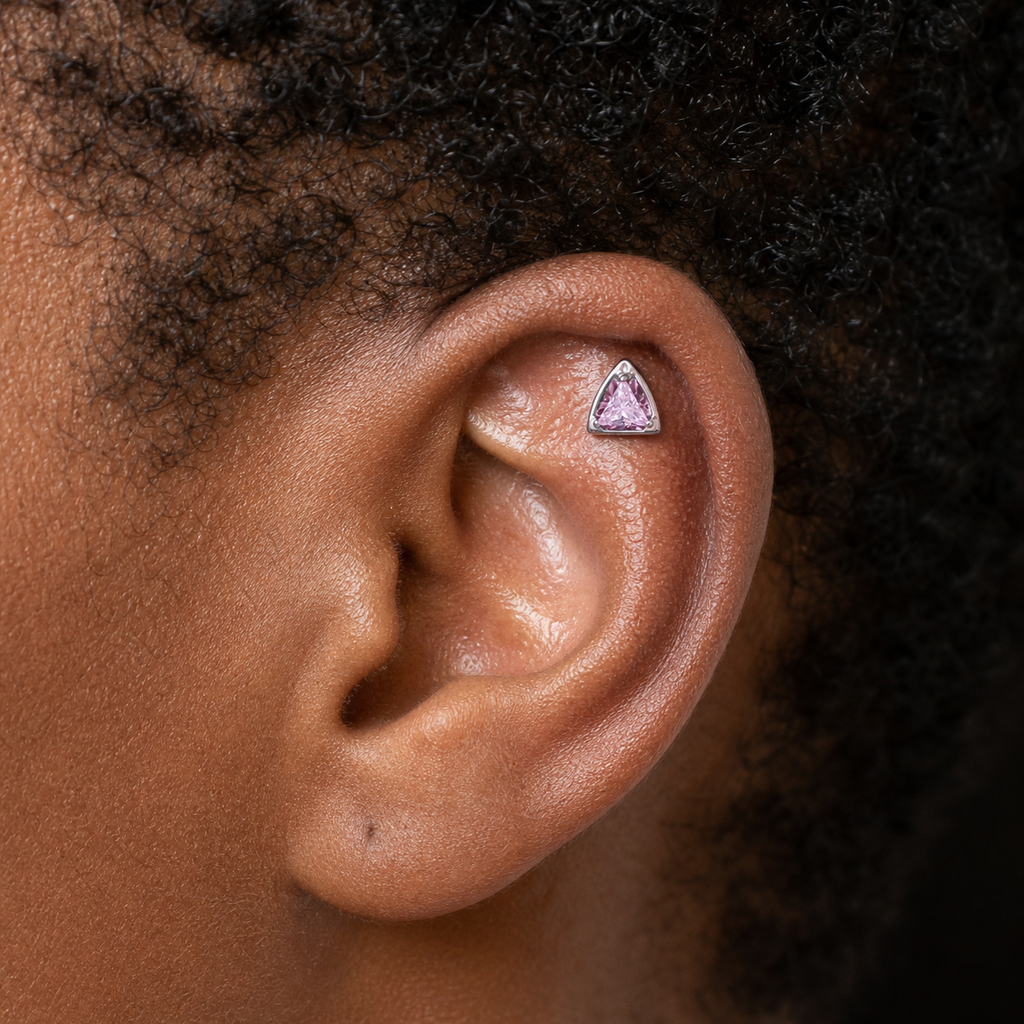 Pink CZ ASTM F136 Titanium Flat Back - Silver, Threadless, 16G, 1.2 x 8+4 mm — wearing view two (P-FB-0106-S01)