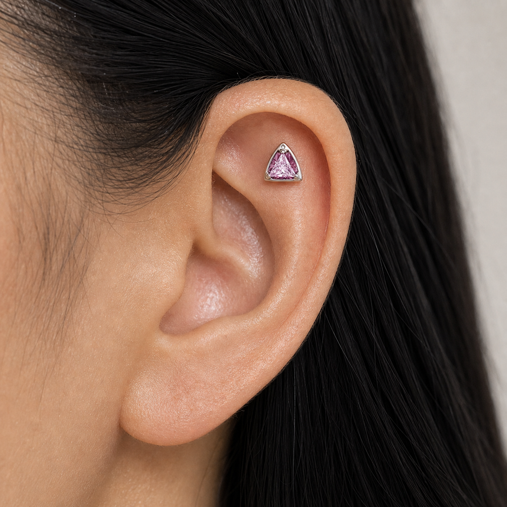 Pink CZ ASTM F136 Titanium Flat Back - Silver, Threadless, 16G, 1.2 x 8+4 mm — wearing view three (P-FB-0106-S01)